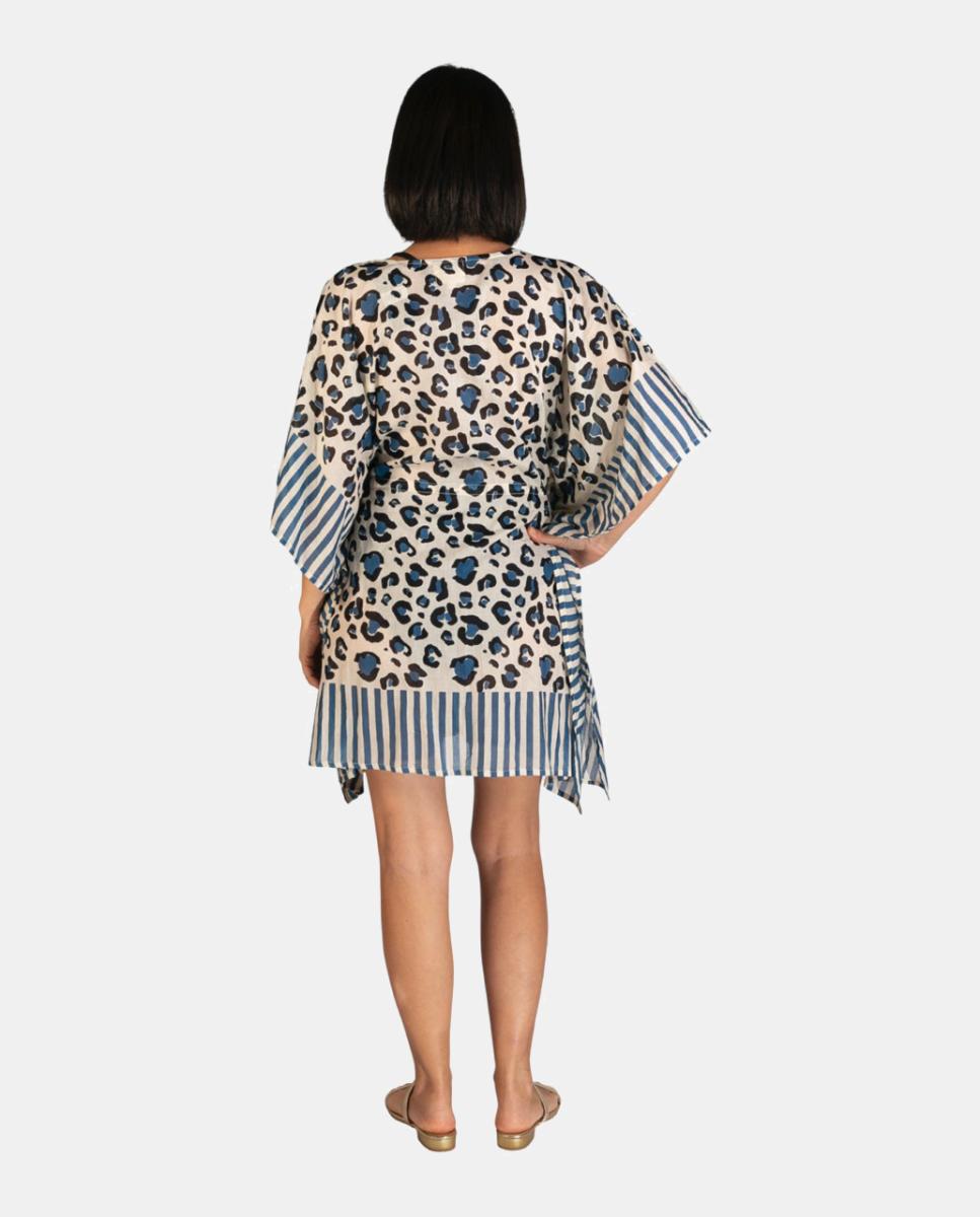 Kaftan Curto de Algodão Ligeiro com Animal Print e Riscas Azul-2