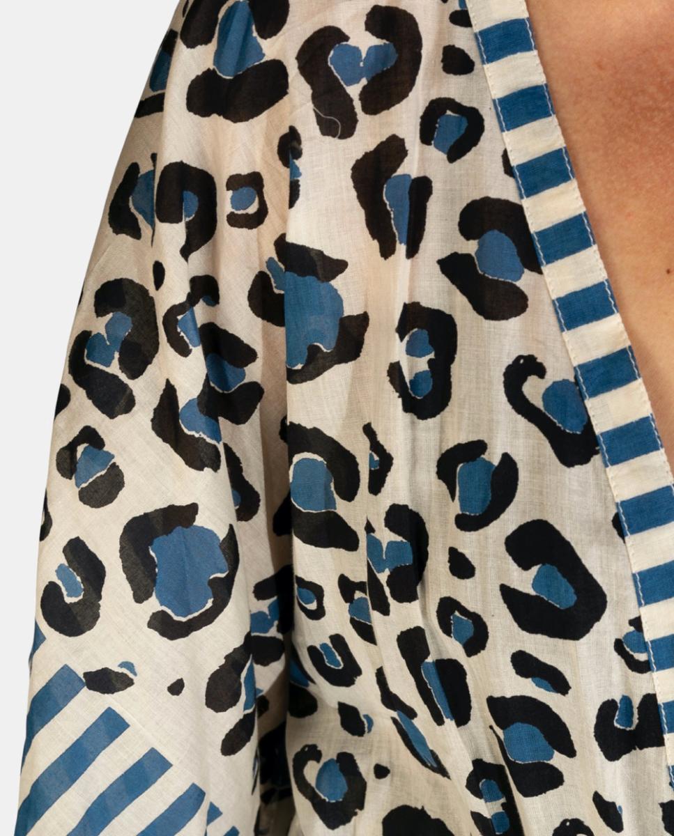 Kaftan Curto de Algodão Ligeiro com Animal Print e Riscas Azul-3