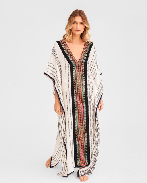 Imagem 0 de Kaftan Comprido às Riscas com Detalhe Étnico