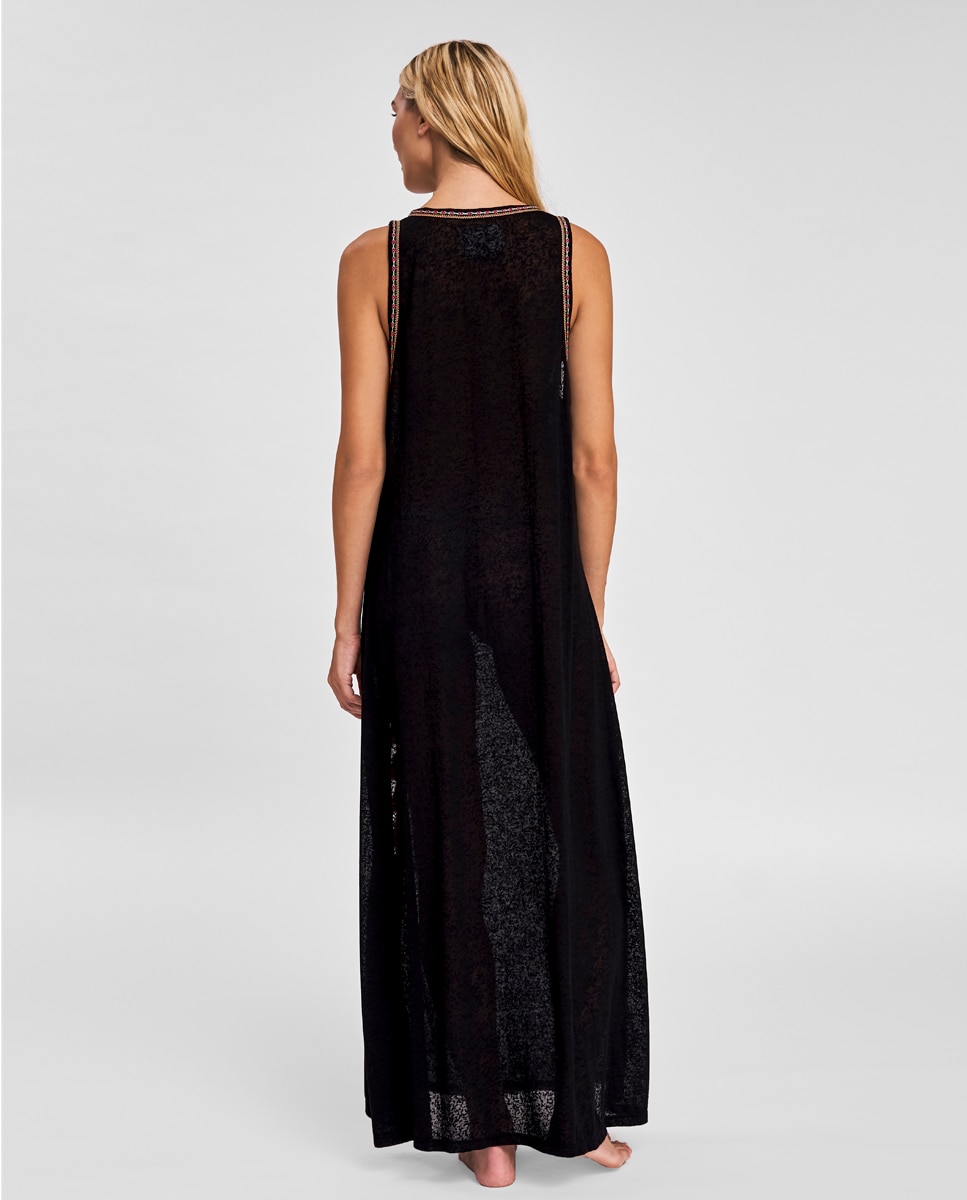 Kaftan Comprido Liso com Borlas - Branco Preto-2