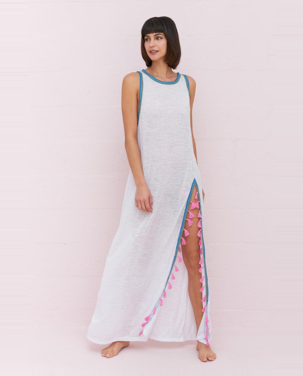 Kaftan Comprido Liso com Borlas - Branco Branco-1