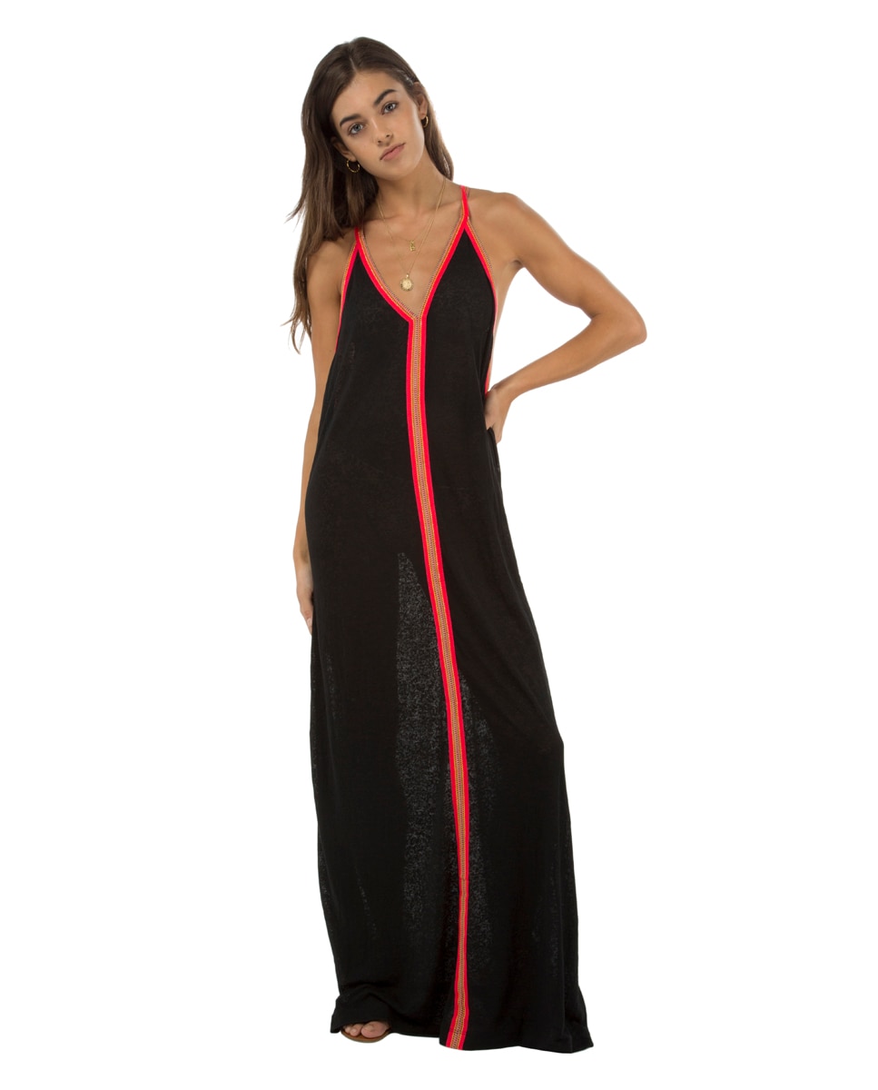 Imagem 0 de Kaftan Comprido de Alças com Detalhe em Contraste - Preto