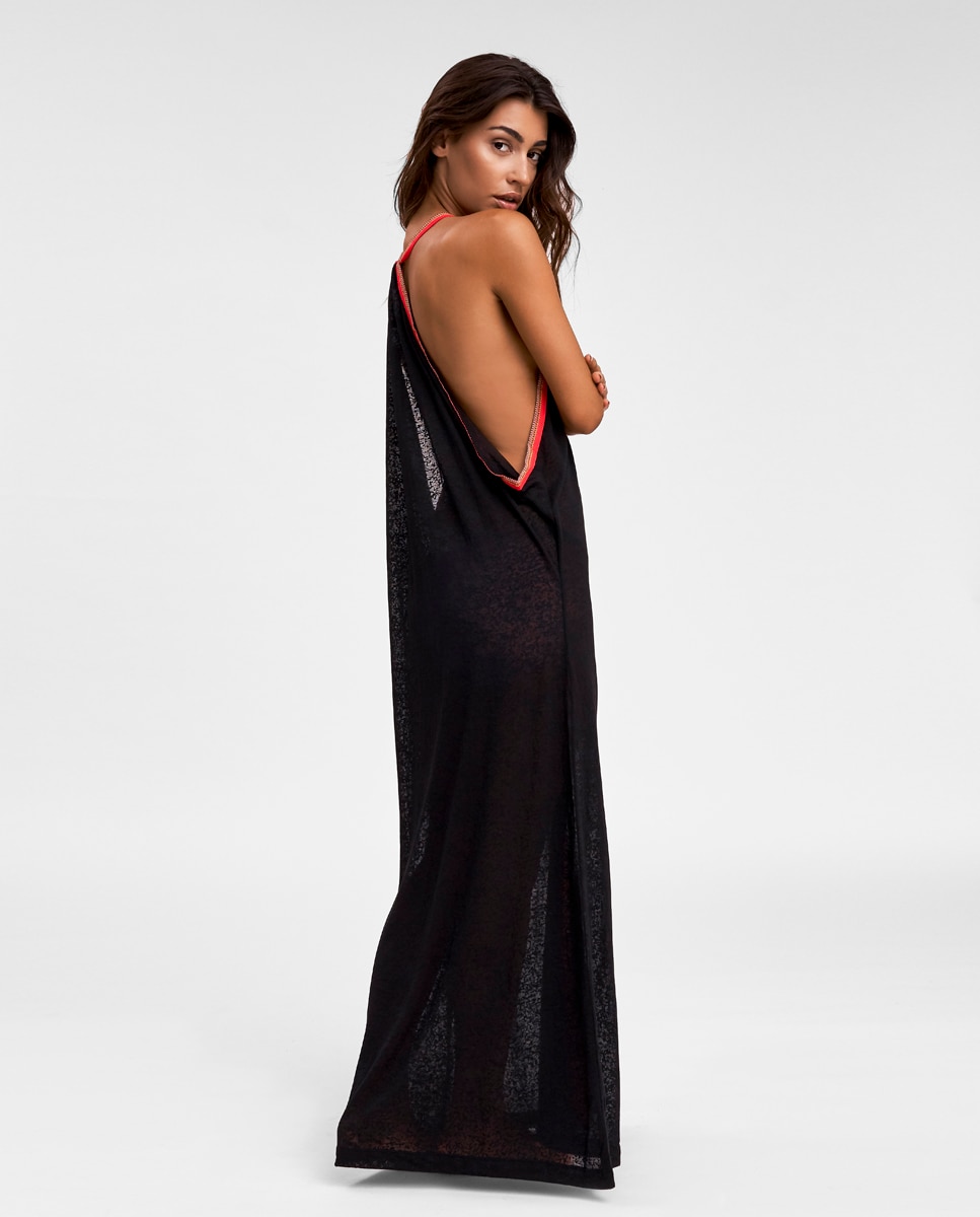 Kaftan Comprido de Alças com Detalhe em Contraste - Preto Preto-3