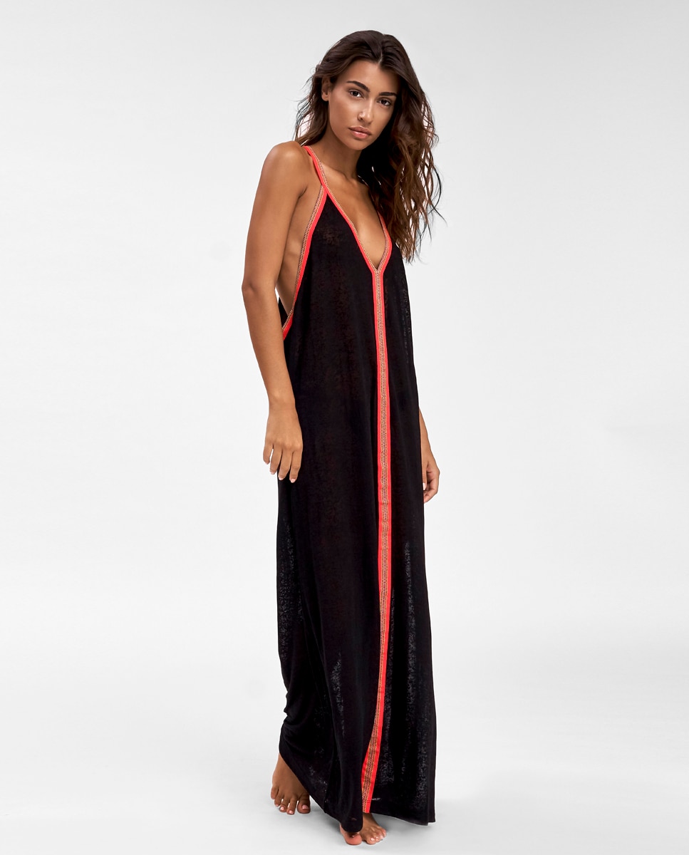 Kaftan Comprido de Alças com Detalhe em Contraste - Preto Preto-4