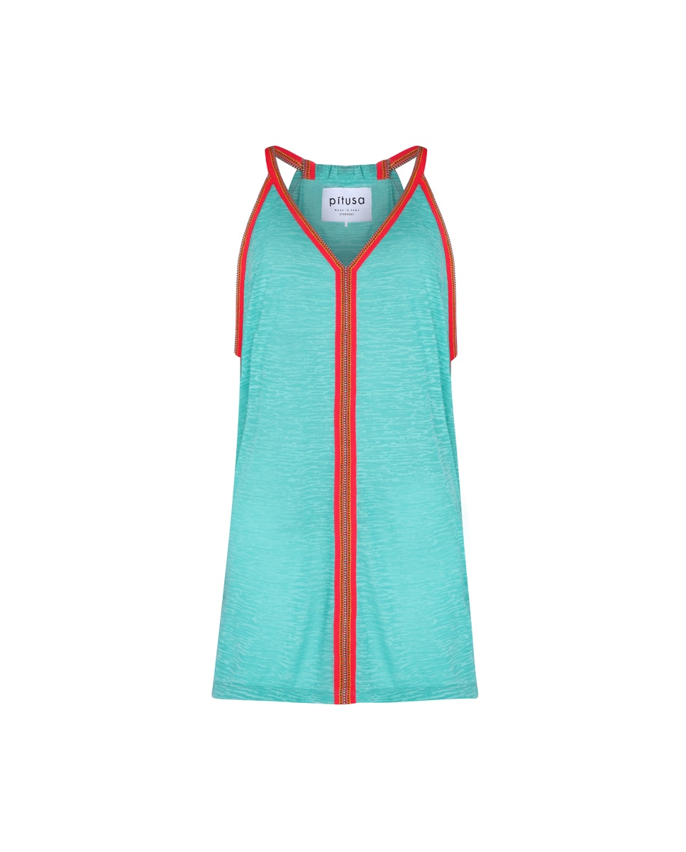 Kaftan de Alças com Detalhe em Contraste - Azul Verde Água-6