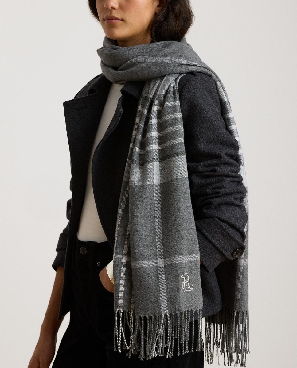 Bufanda de mujer de cuadros con acabado en flecos - Lauren Ralph Lauren - Gris Gris-3