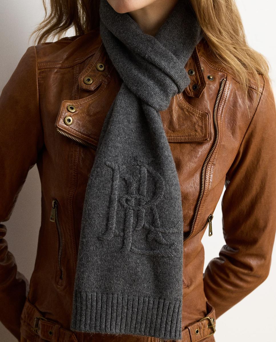 Bufanda de mujer de punto con logo boradado a tono - Lauren Ralph Lauren - Gris oscuro Gris oscuro-3