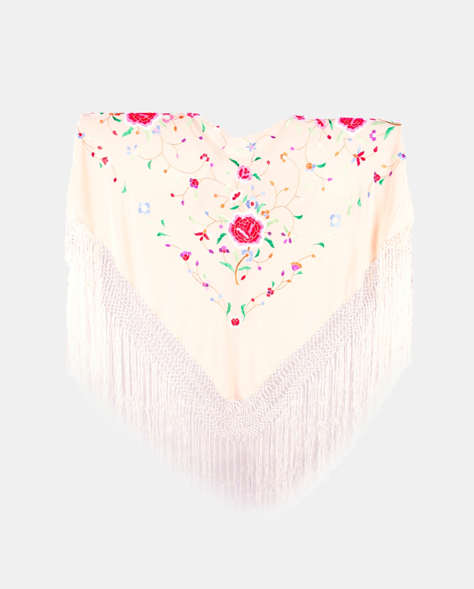 Xaile de Seda e Franjas à Mão Bege-1