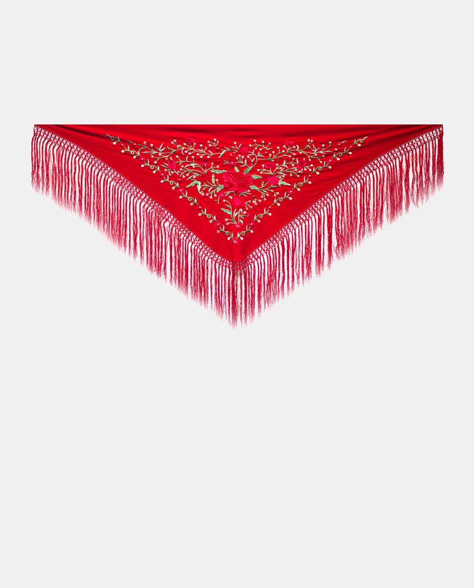 Xaile de Seda e Franjas à Mão Vermelho-1
