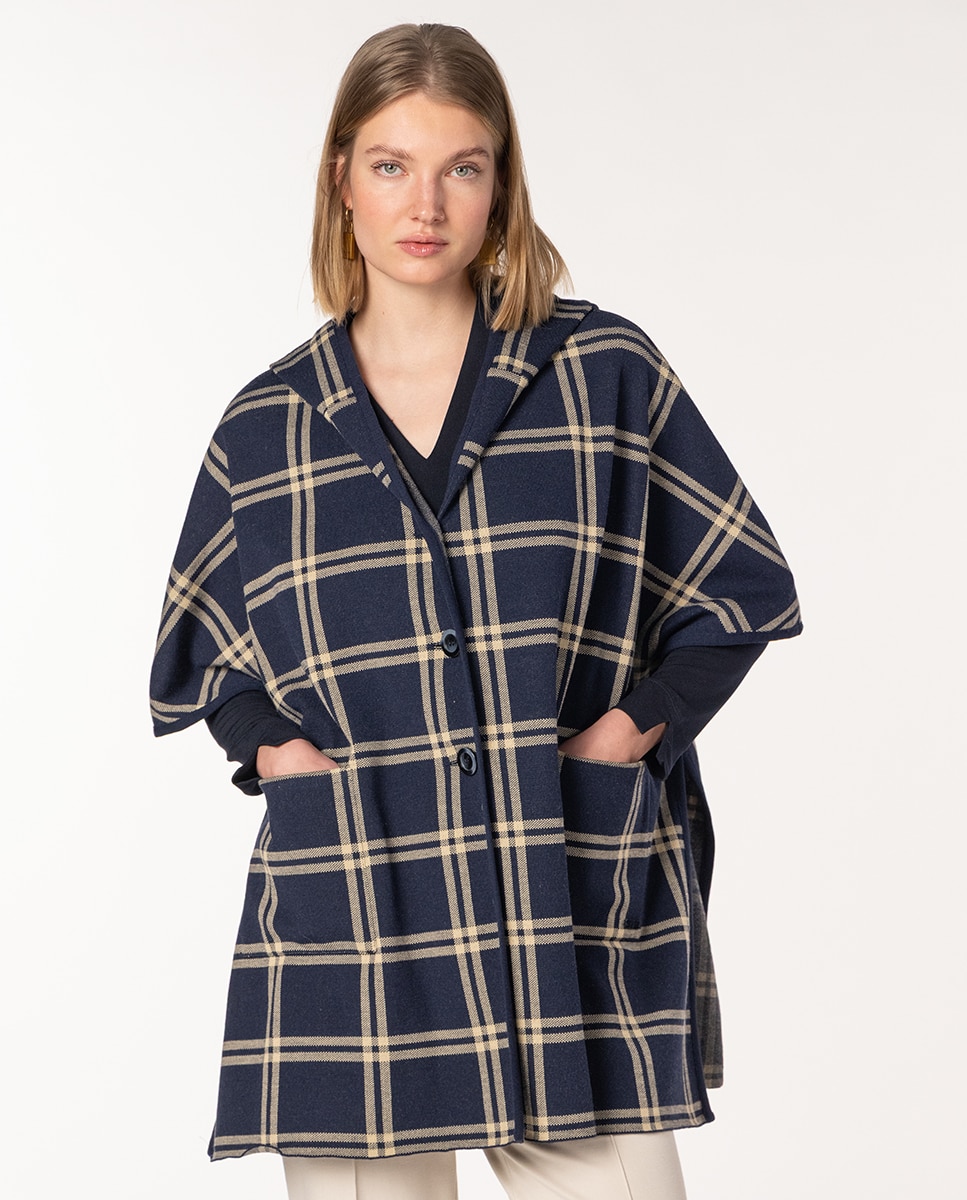 Capa de Malha Jacquard aos Quadrados com Capuz Azul-marinho-1