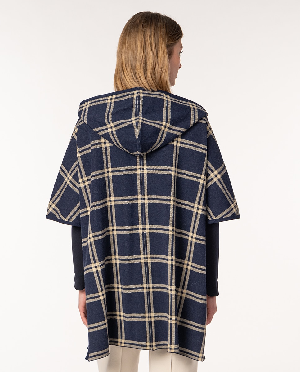 Capa de Malha Jacquard aos Quadrados com Capuz Azul-marinho-2