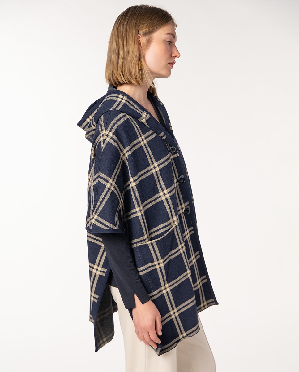 Capa de Malha Jacquard aos Quadrados com Capuz Azul-marinho-3