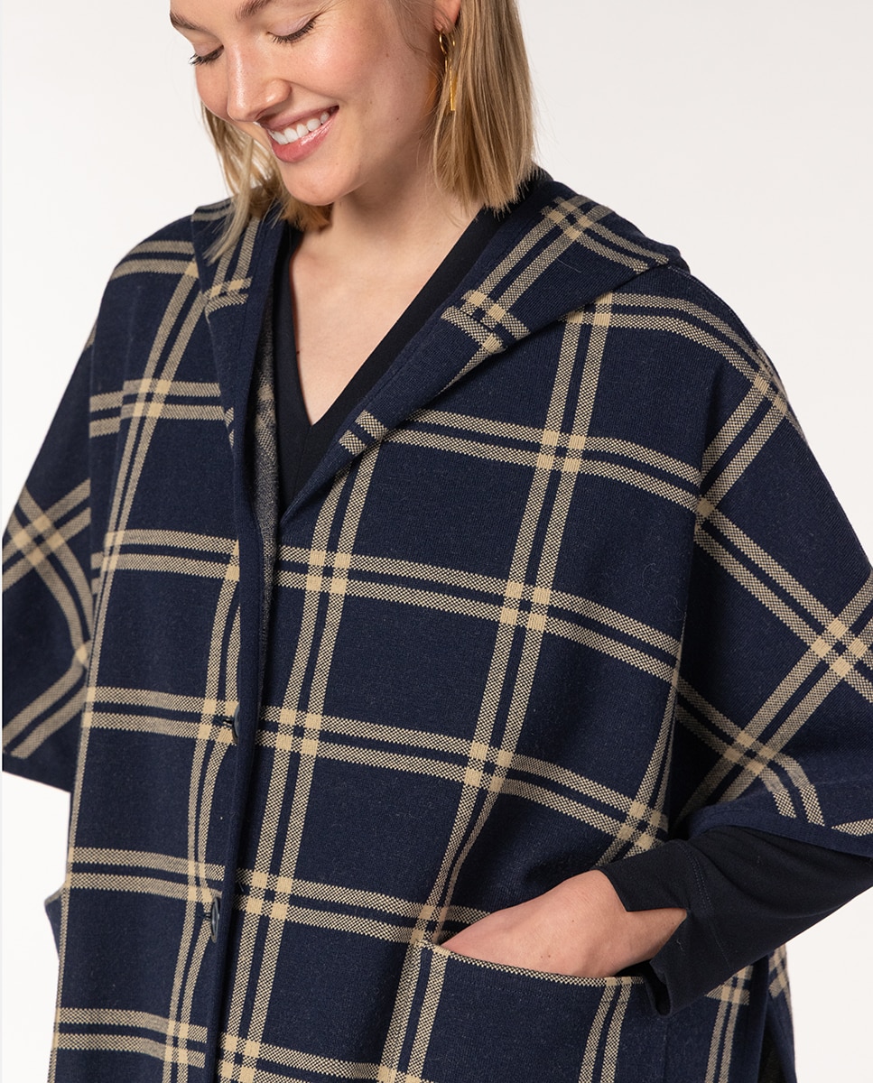 Capa de Malha Jacquard aos Quadrados com Capuz Azul-marinho-4