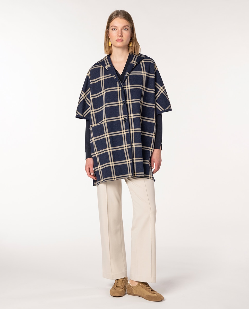 Capa de Malha Jacquard aos Quadrados com Capuz Azul-marinho-5