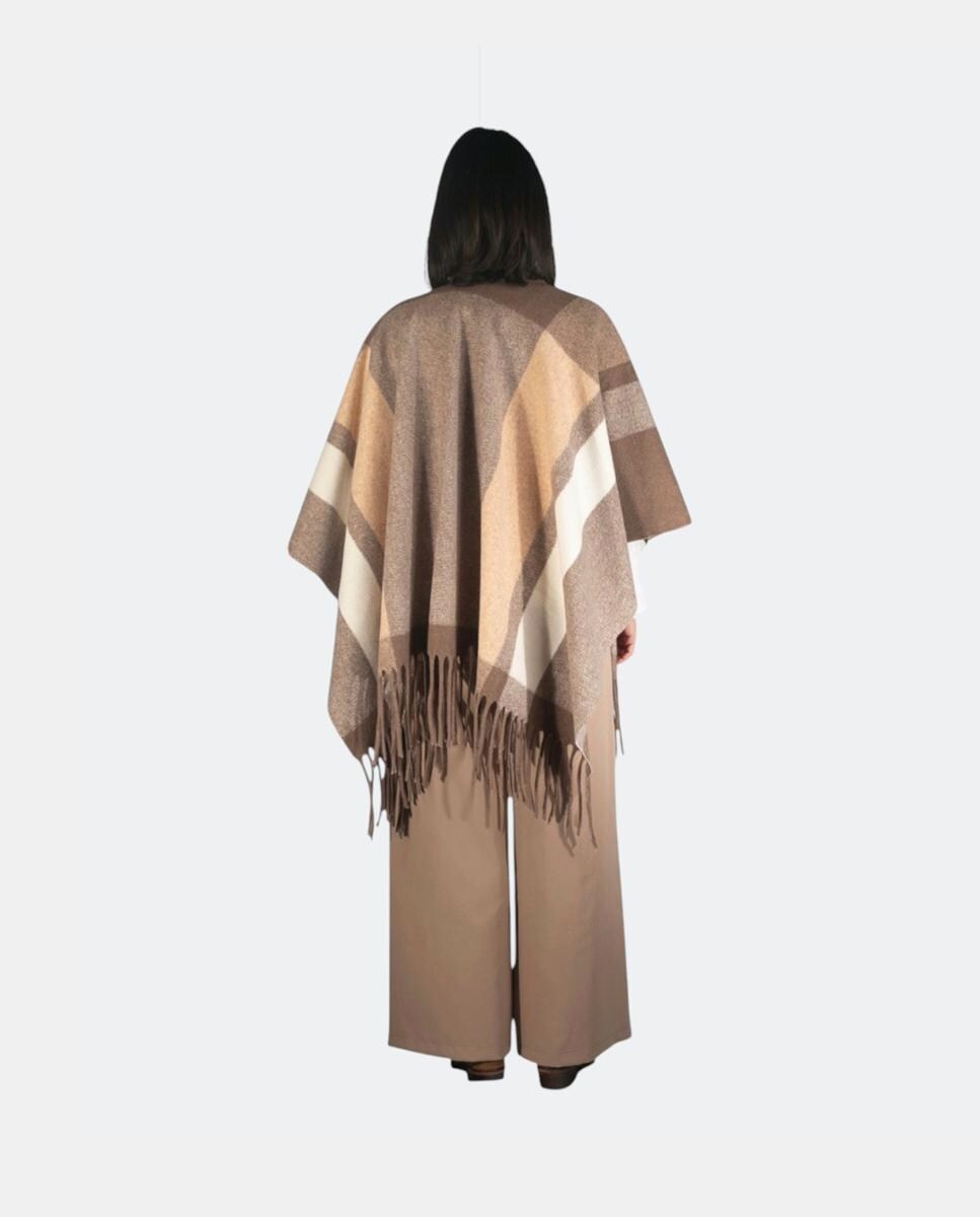 Poncho em Tecido com Efeito de Feltro e com Franjas Castanho-2