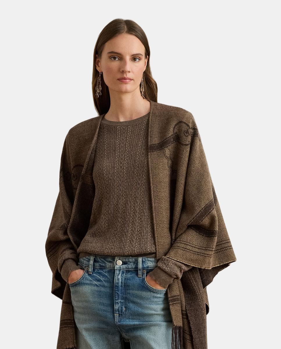 Poncho Estampado Reversível com Acabamento com Franjas Castanho-1