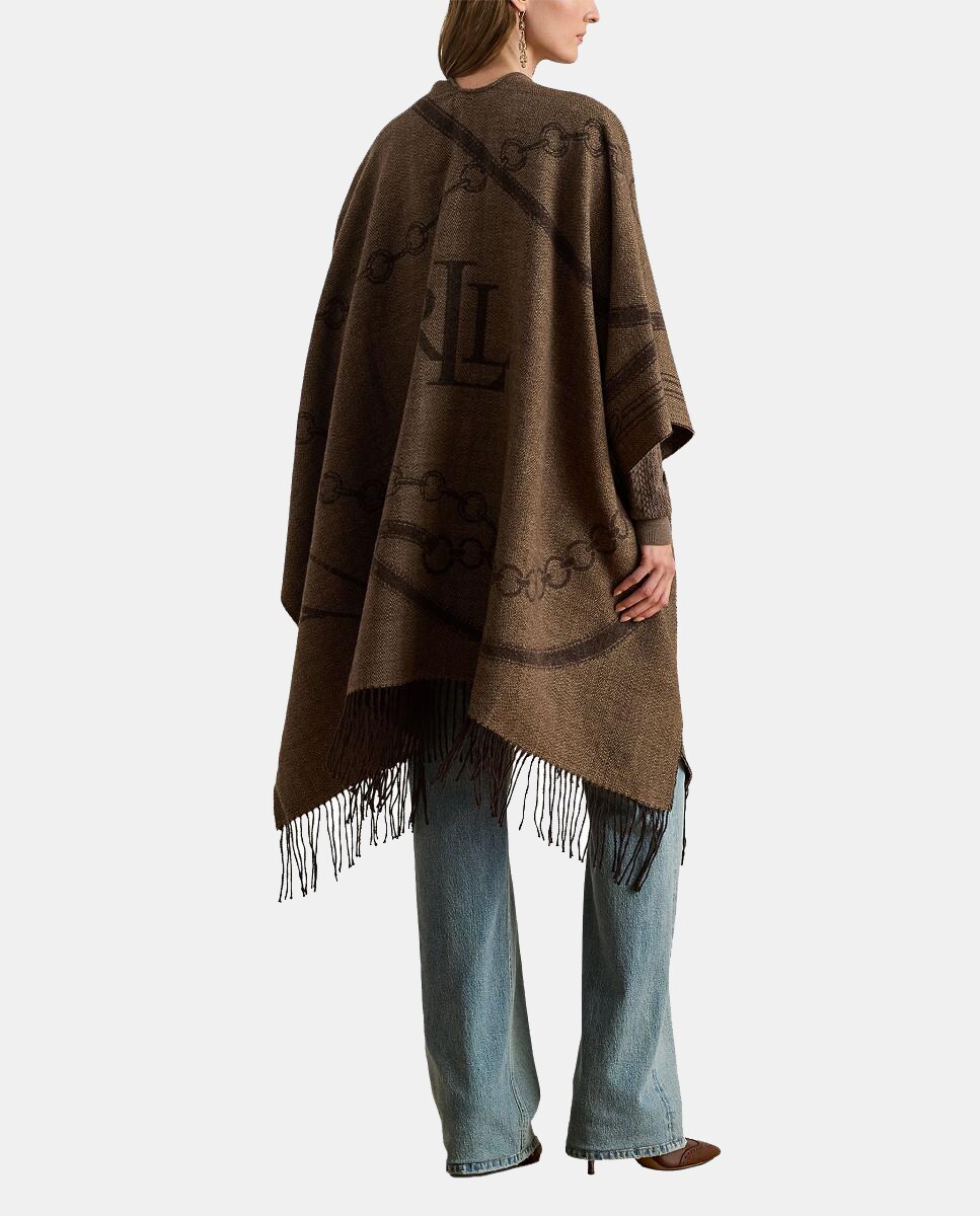 Poncho Estampado Reversível com Acabamento com Franjas Castanho-2