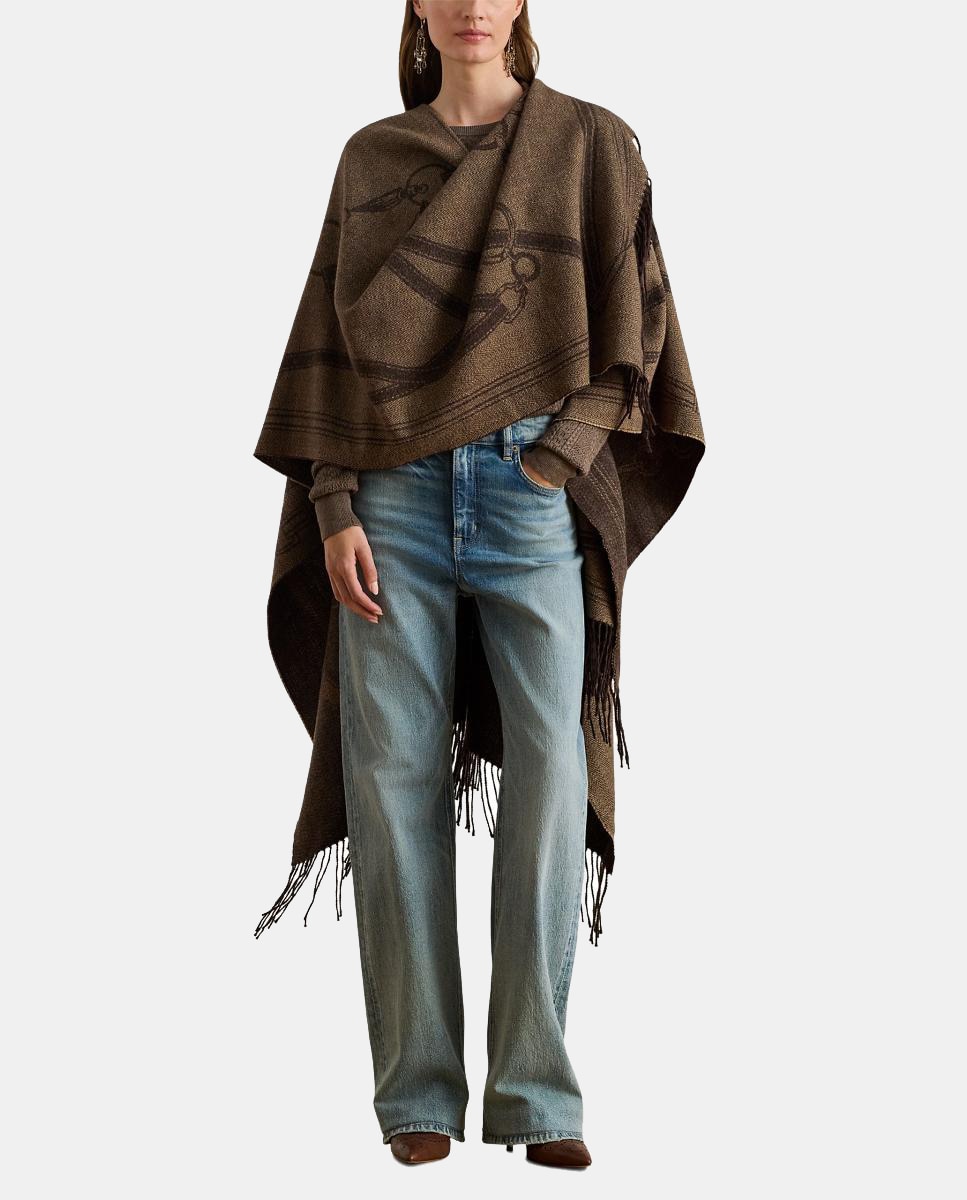 Poncho Estampado Reversível com Acabamento com Franjas Castanho-3