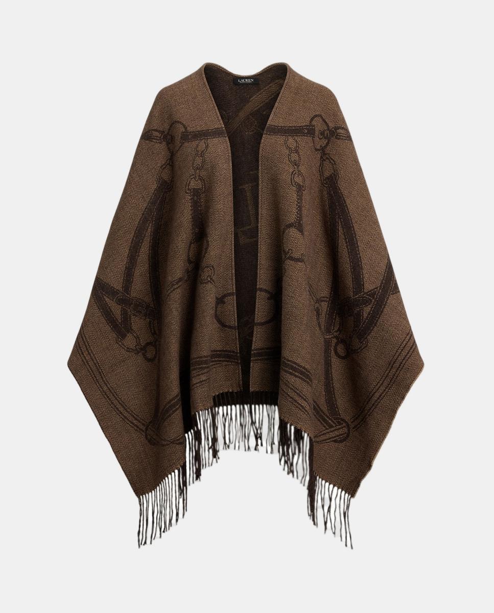 Poncho Estampado Reversível com Acabamento com Franjas Castanho-4