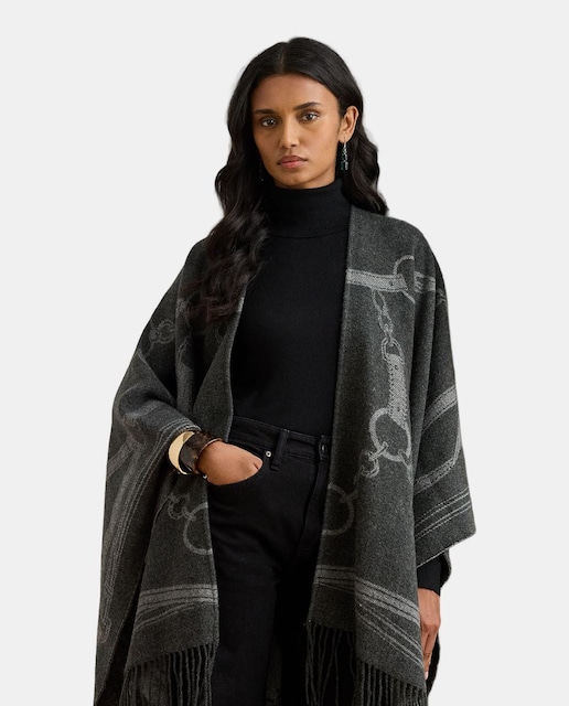 Imagem 0 de Poncho Estampado Reversível com Acabamento com Franjas