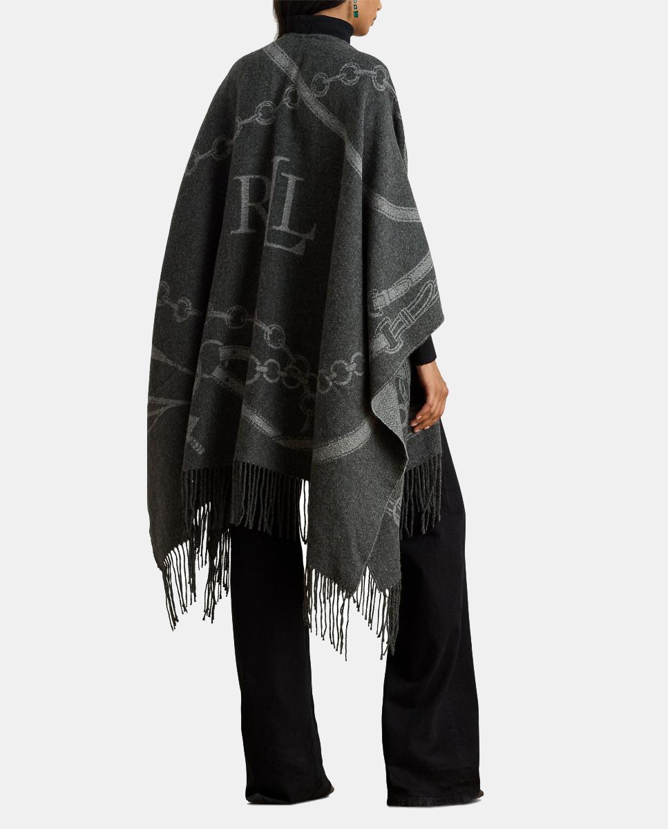 Poncho Estampado Reversível com Acabamento com Franjas Cinzento-escuro-2