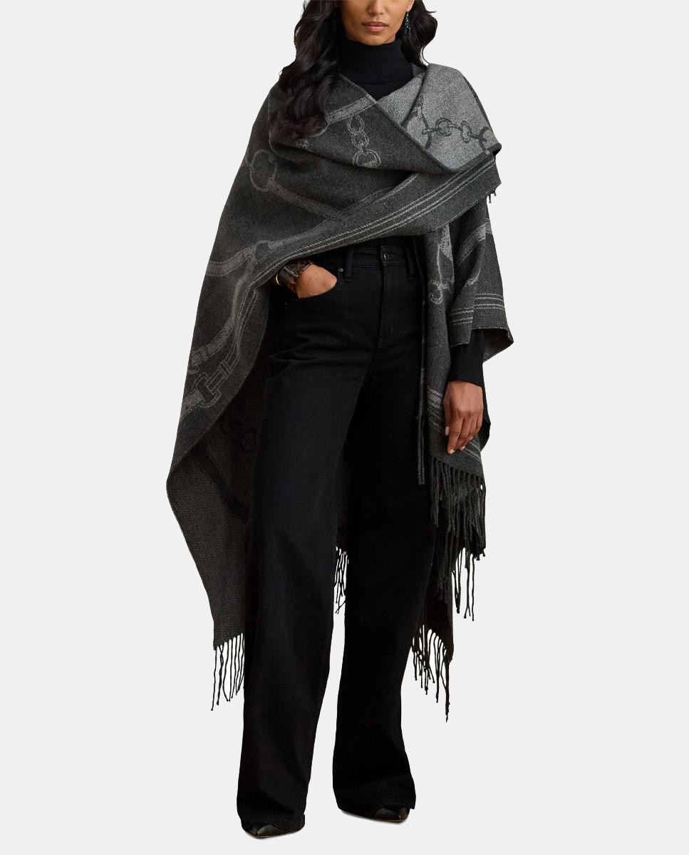 Poncho Estampado Reversível com Acabamento com Franjas Cinzento-escuro-3