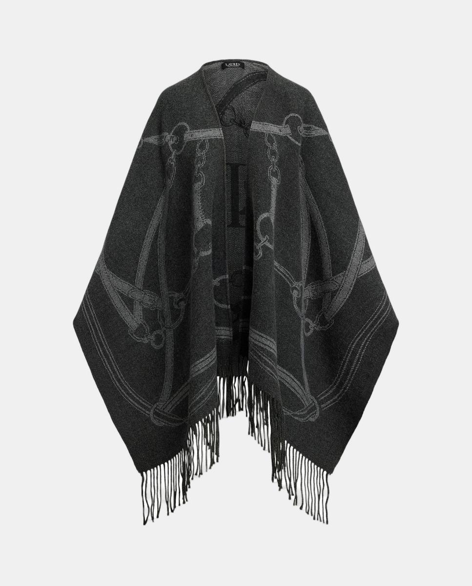 Poncho Estampado Reversível com Acabamento com Franjas Cinzento-escuro-4