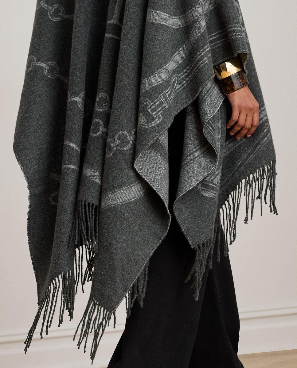 Poncho Estampado Reversível com Acabamento com Franjas Cinzento-escuro-5