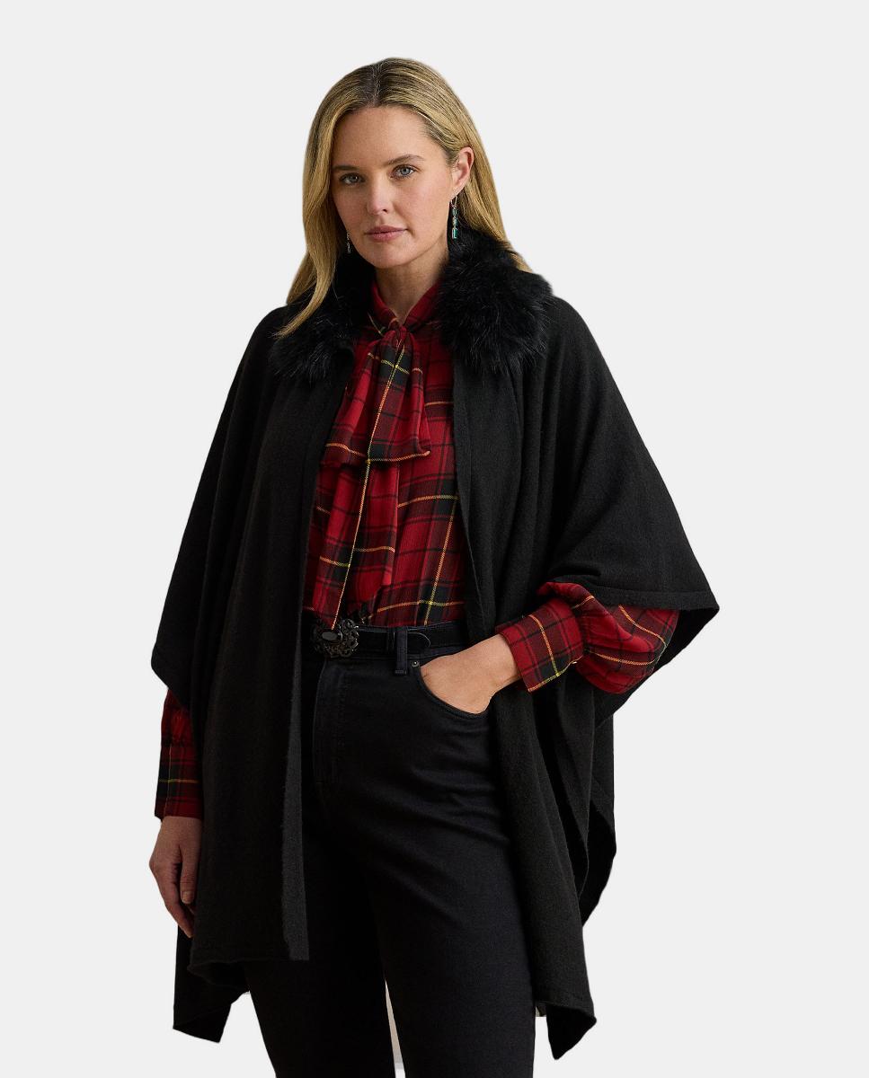 Poncho Liso com Gola de Pelo Preto-1