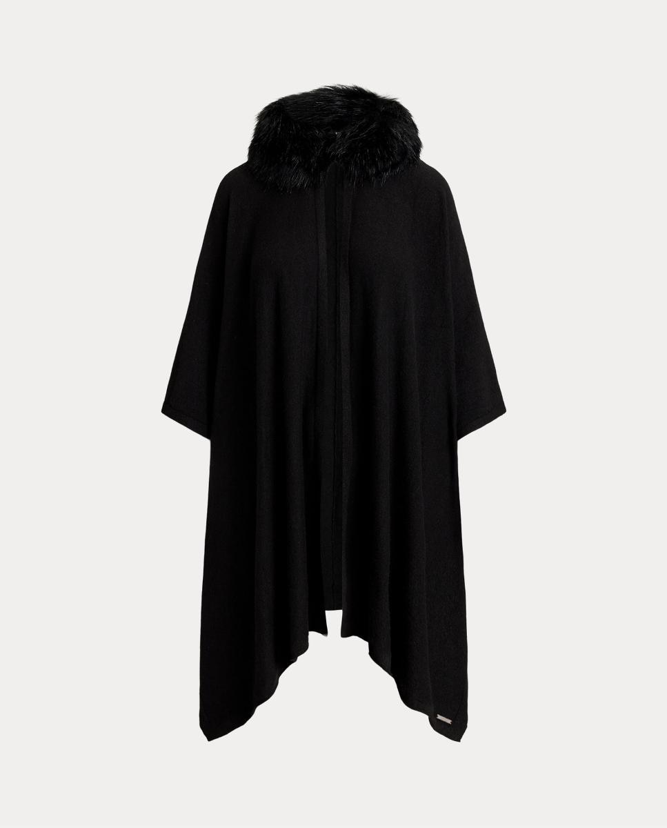 Poncho Liso com Gola de Pelo Preto-2