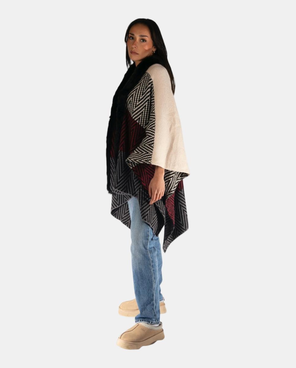 Poncho Oversize de Jacquard com Gola com Efeito de Pelo Preto-3