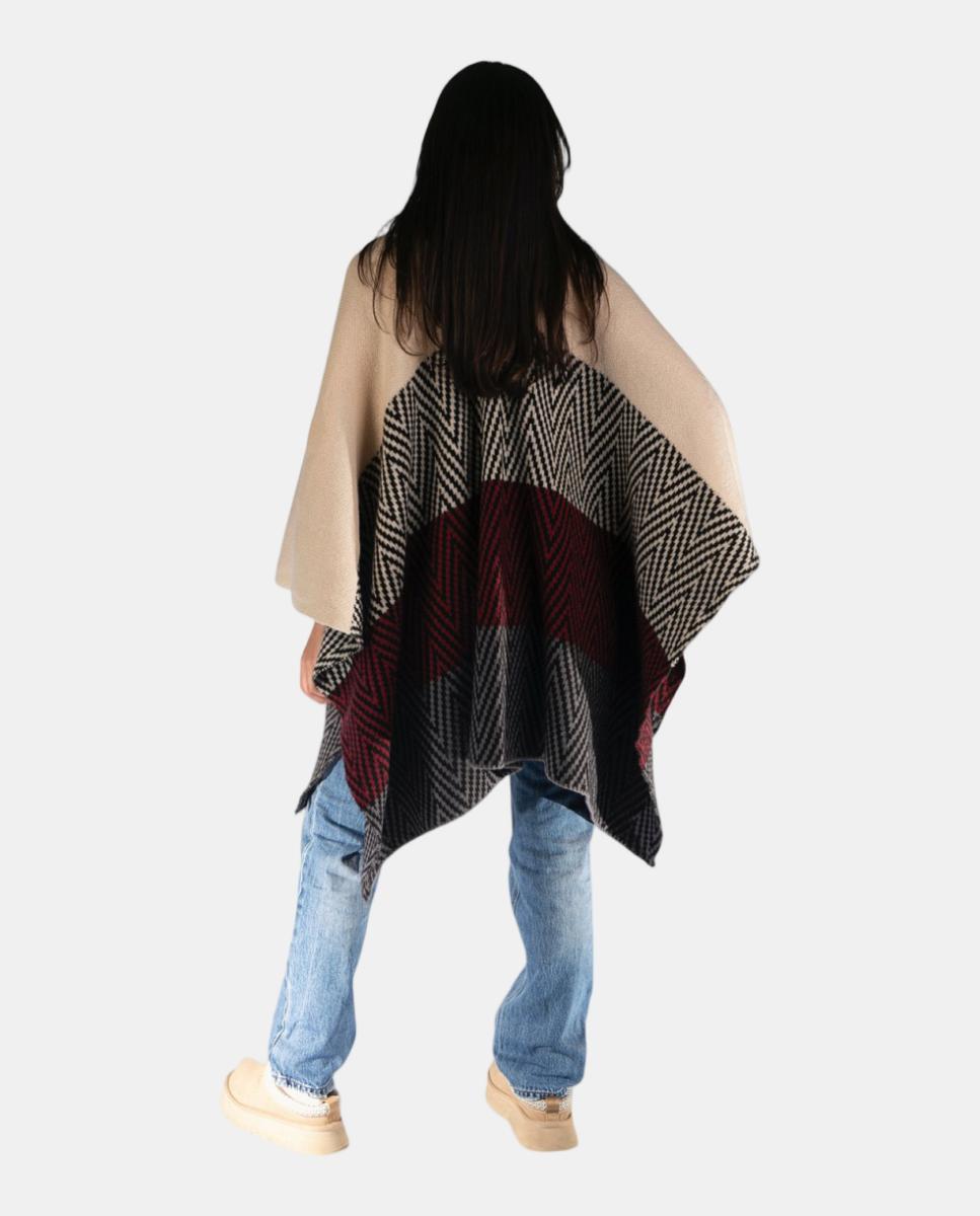 Poncho Oversize de Jacquard com Gola com Efeito de Pelo Preto-4