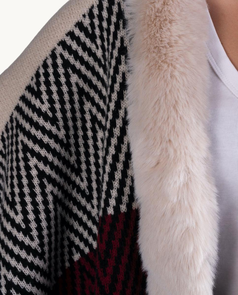 Poncho Oversize de Jacquard com Gola com Efeito de Pelo Bege-2