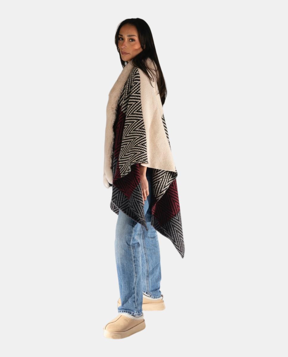 Poncho Oversize de Jacquard com Gola com Efeito de Pelo Bege-3