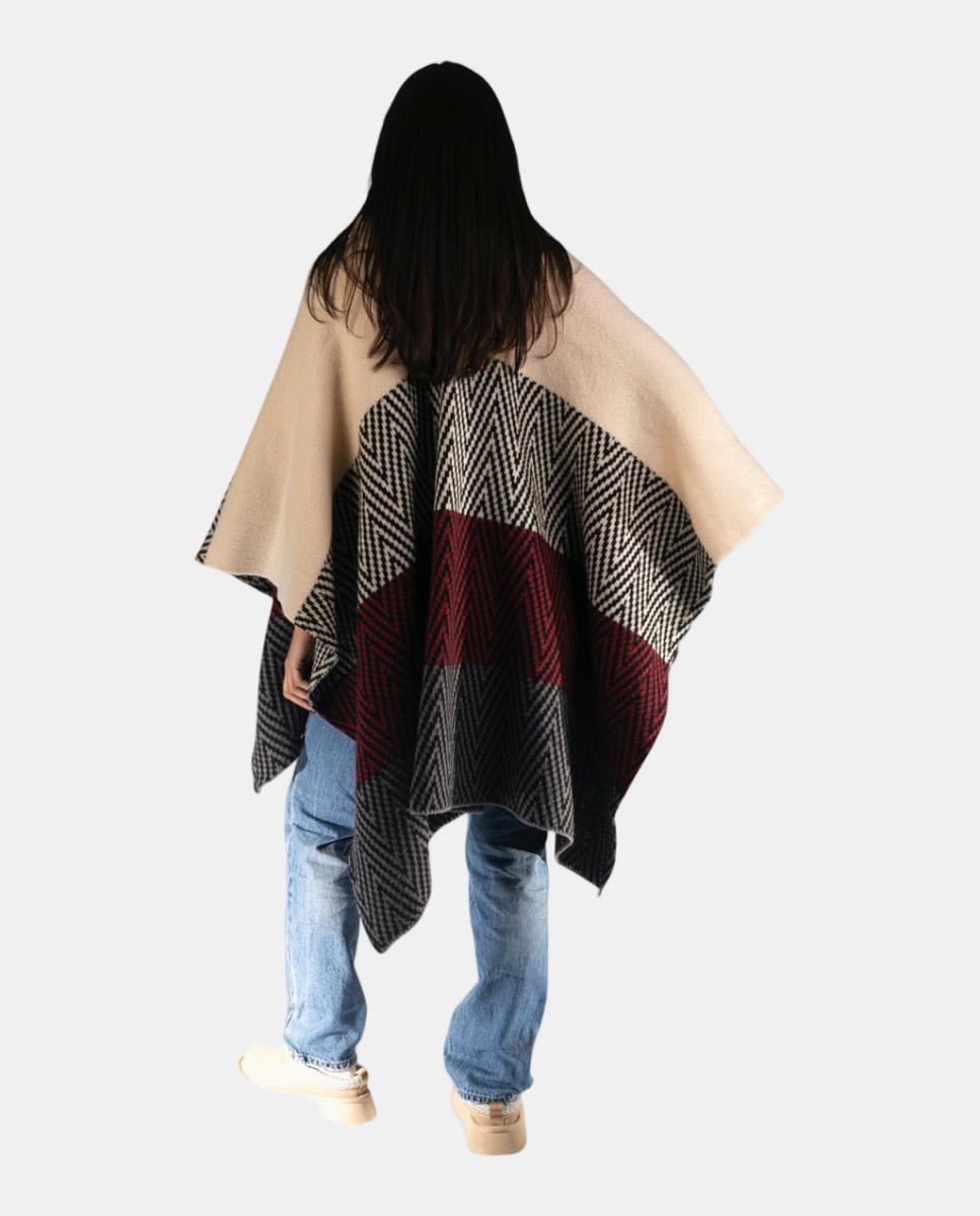 Poncho Oversize de Jacquard com Gola com Efeito de Pelo Bege-4