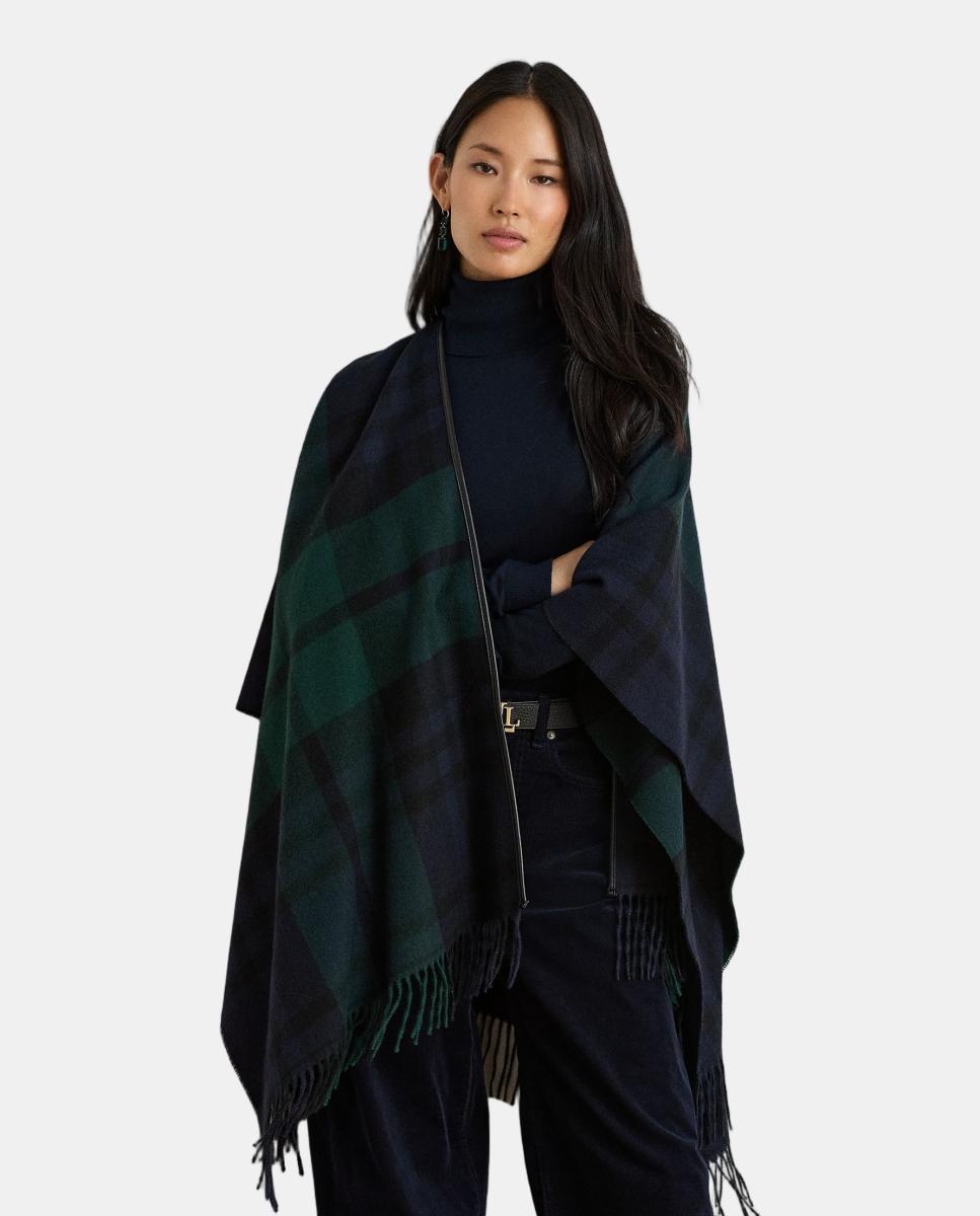 Imagen 0 de Poncho de mujer estampado reversible acabado con flecos Azul oscuro