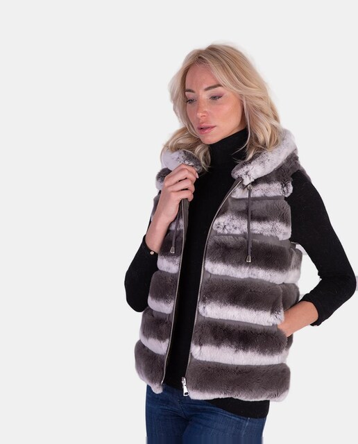 Imagem 0 de Colete de Pelo de Coelho Rex com Capuz/Reversível