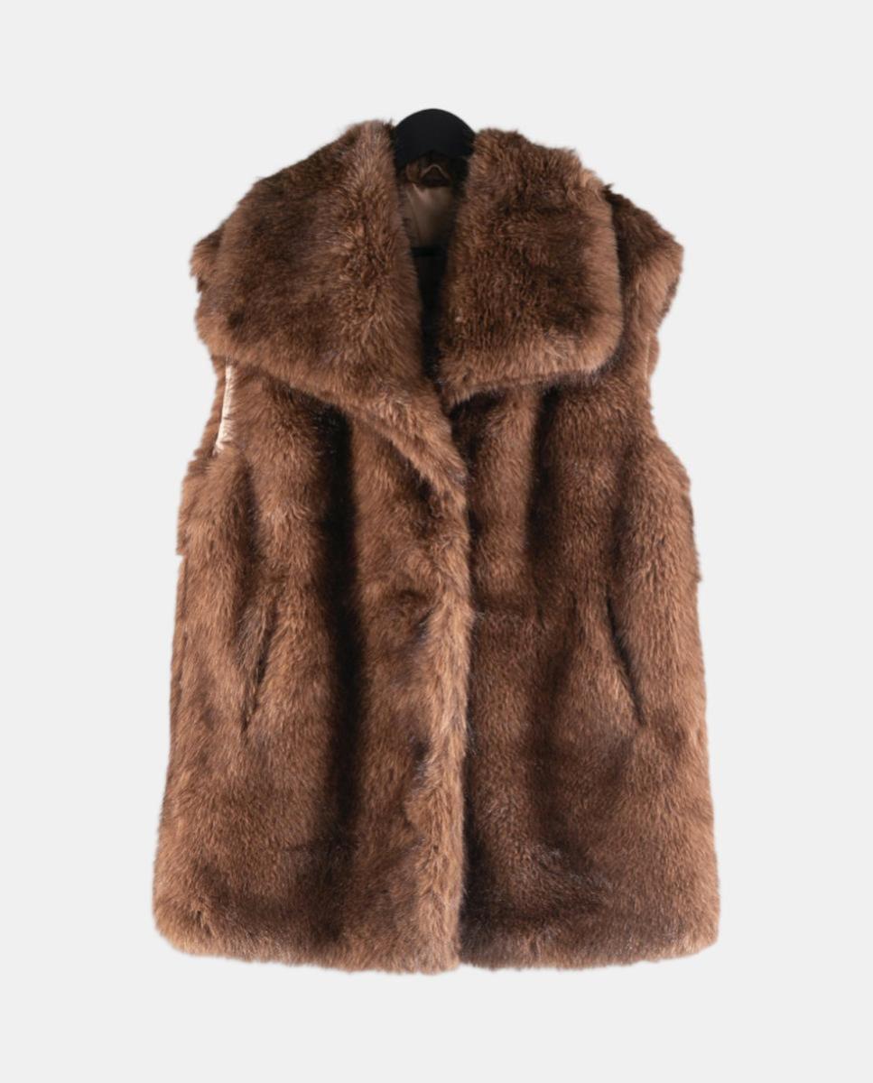 Chaleco largo de pelo sintético con cuello envolvente - Kbas - Marrón Marrón-2