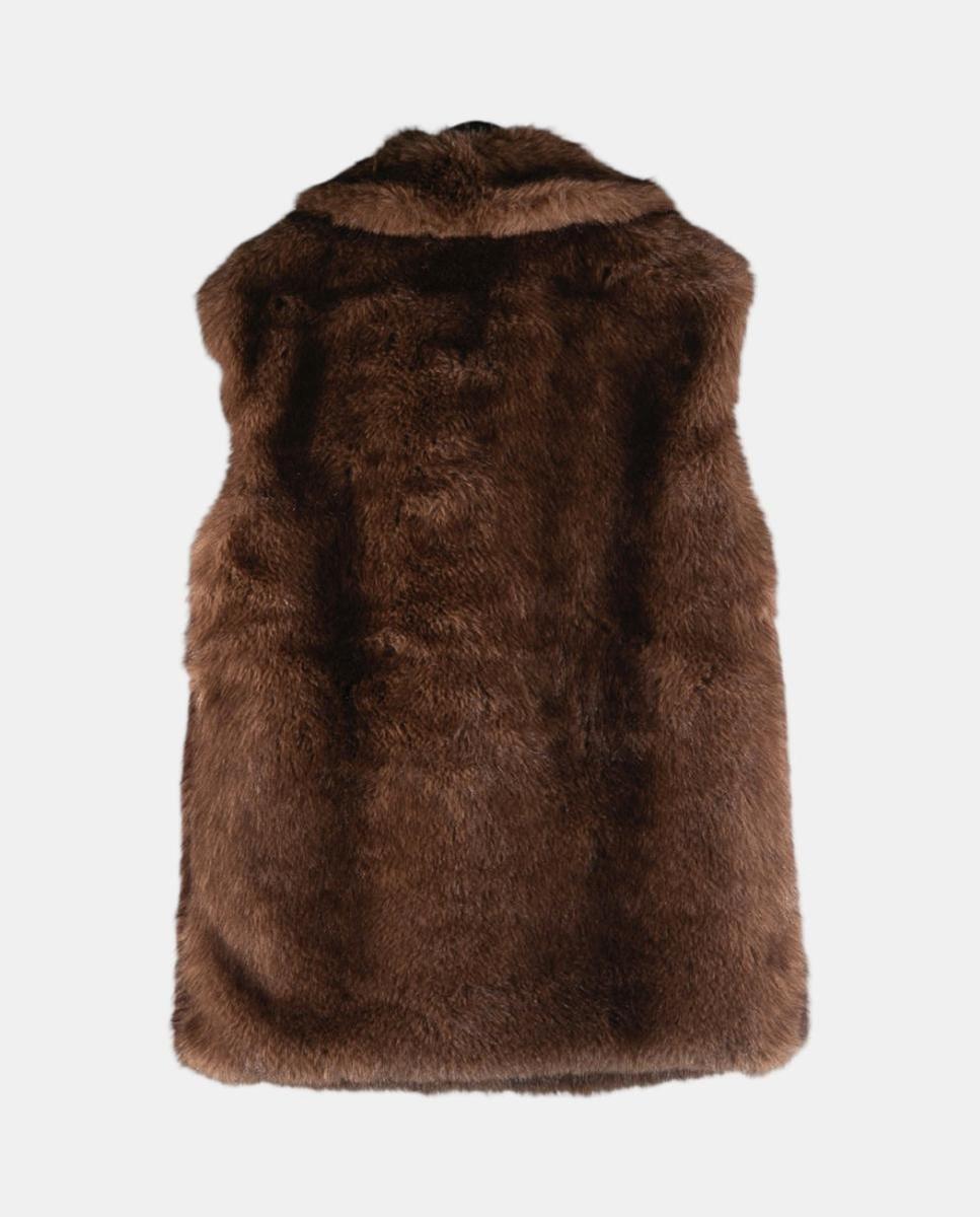 Chaleco largo de pelo sintético con cuello envolvente - Kbas - Marrón Marrón-3