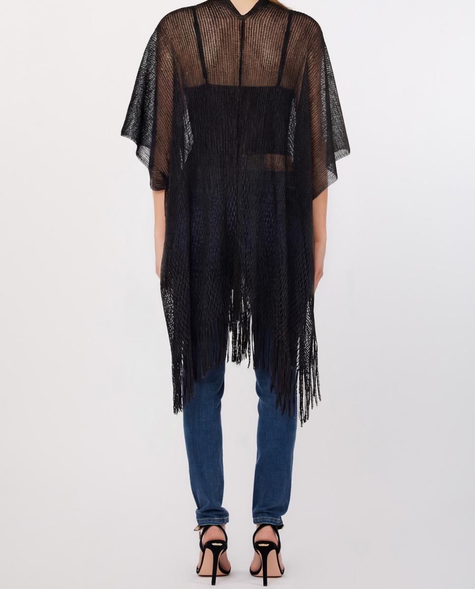 Poncho Comprido com Efeito de Rede e Detalhe de Franjas Preto-2
