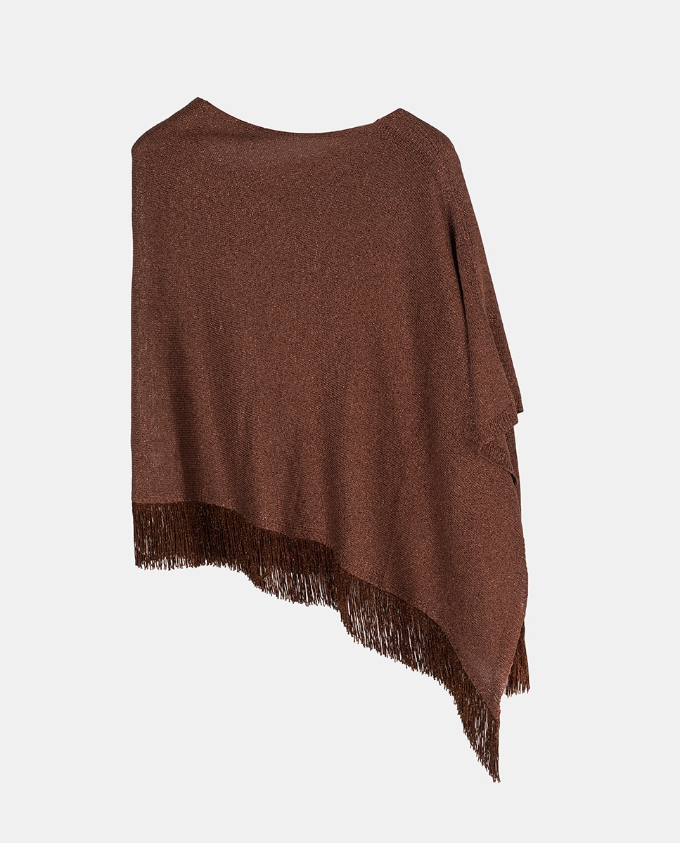 Poncho de Viscose e Lamé Assimétrico com Franjas Castanho-2