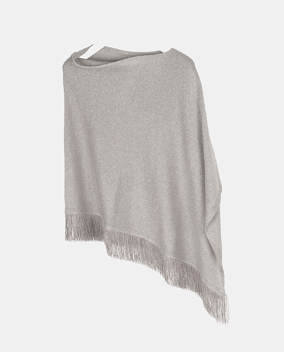 Poncho de Viscose e Lamé Assimétrico com Franjas Prata-2