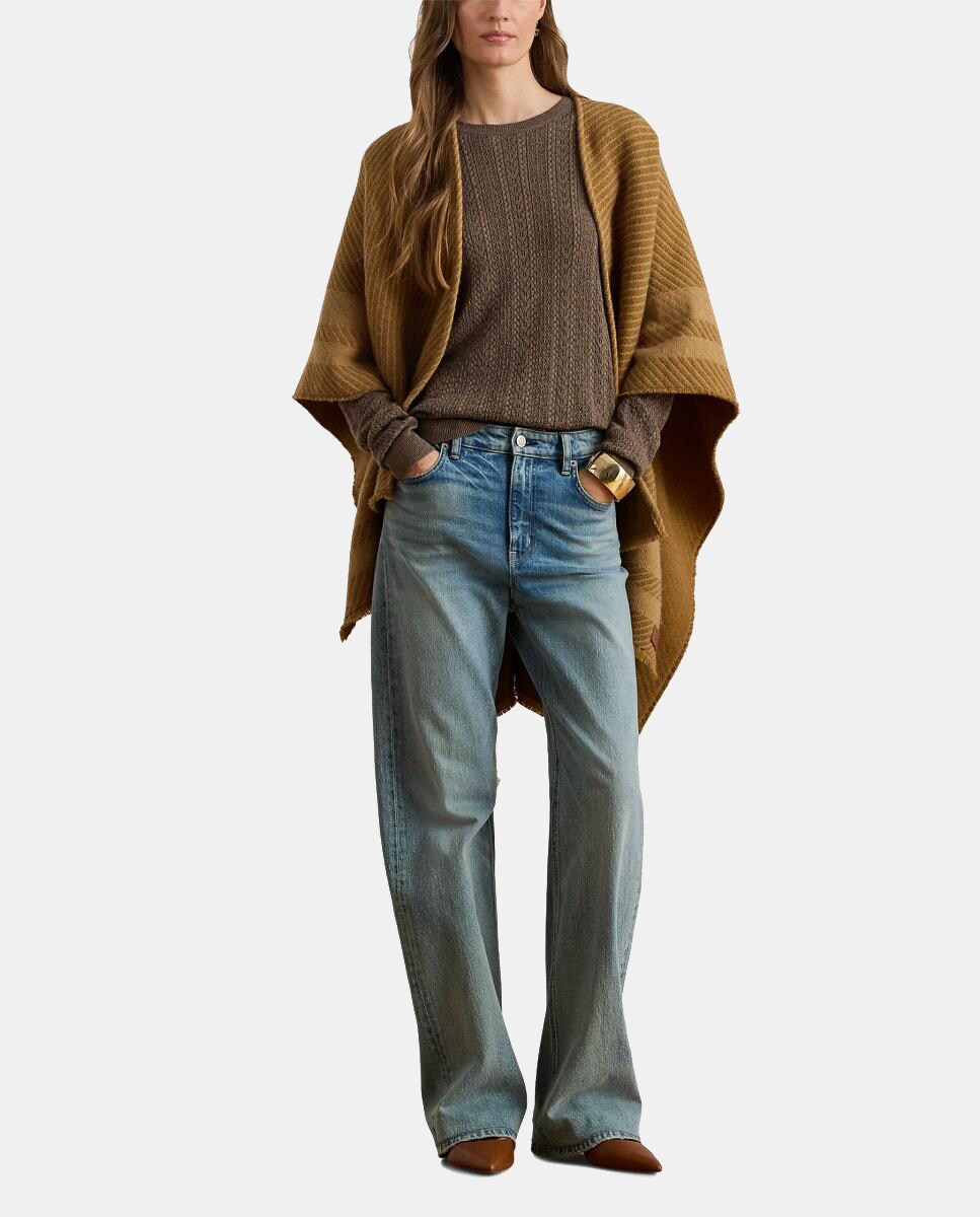 Poncho Liso de Malha em Duas Tonalidades Camel-4