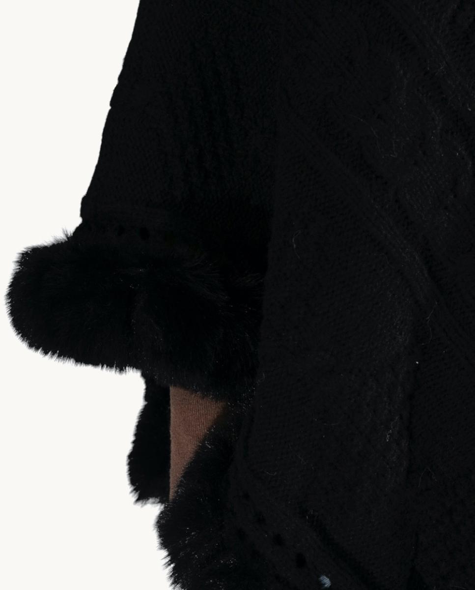 Poncho de Malha Entrançada com Gola Envolvente e Acabamento de Efeito de Pelo Preto-2