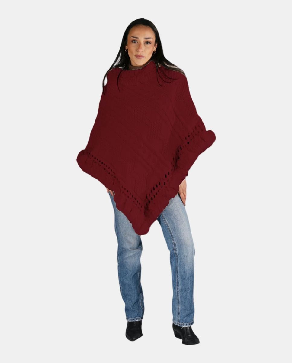 Imagem 0 de Poncho de Malha Entrançada com Gola Envolvente e Acabamento de Efeito de Pelo
