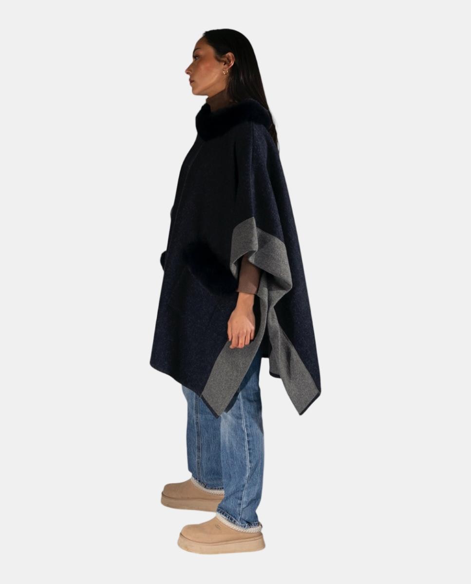 Capa Tipo Poncho de Tamanho Largo com Bolsos e Gola de Pelo Azul-marinho-3