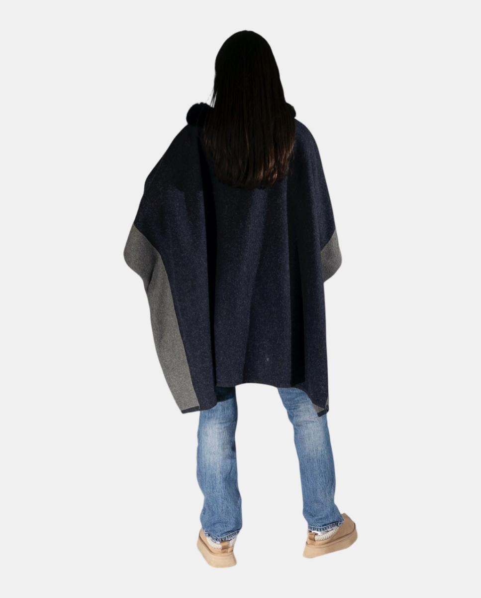 Capa Tipo Poncho de Tamanho Largo com Bolsos e Gola de Pelo Azul-marinho-4