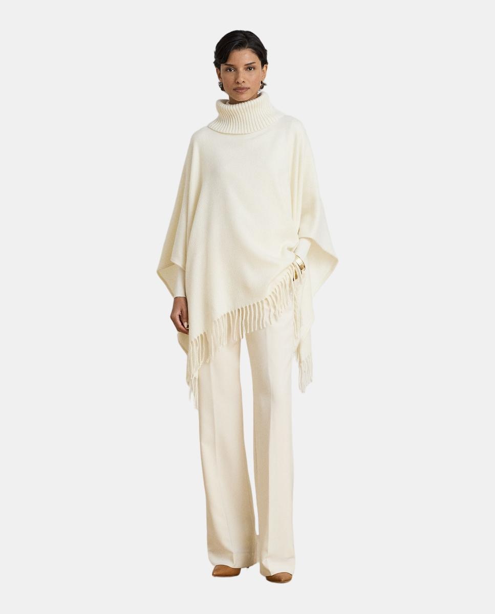 Poncho com Gola Semicisne com Acabamento com Franjas Branco-7
