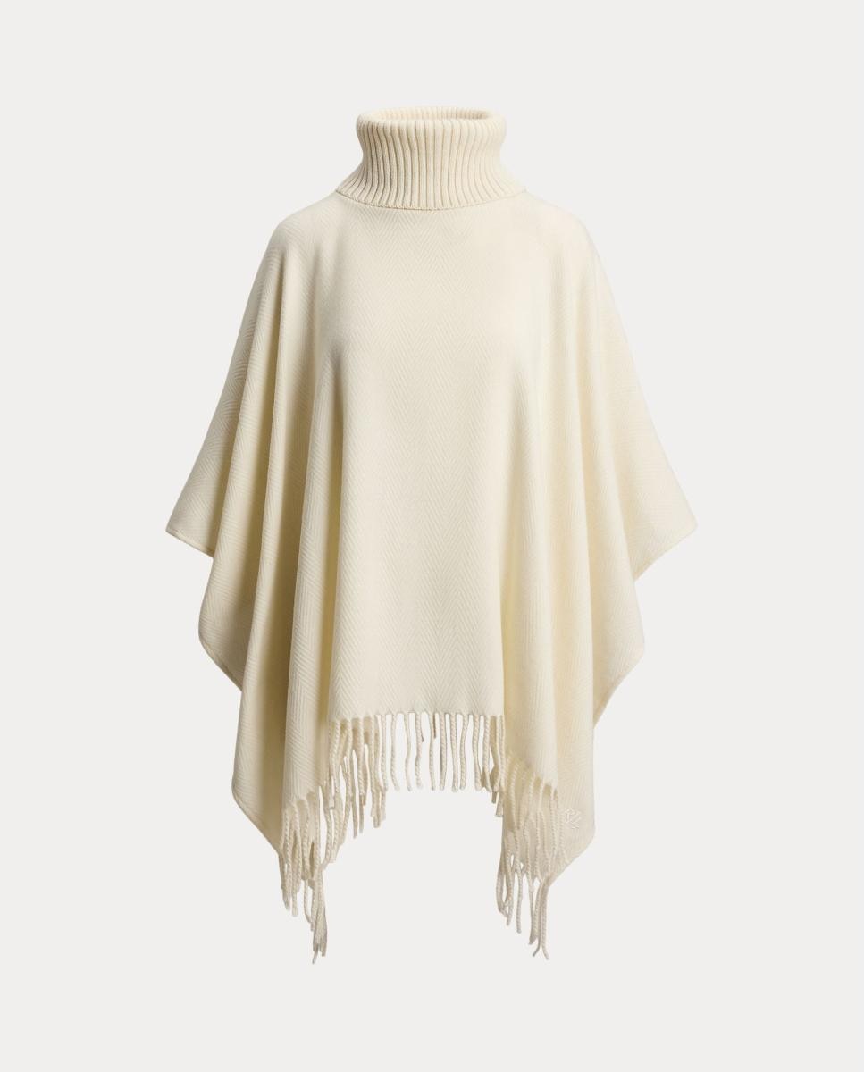 Poncho com Gola Semicisne com Acabamento com Franjas Branco-6