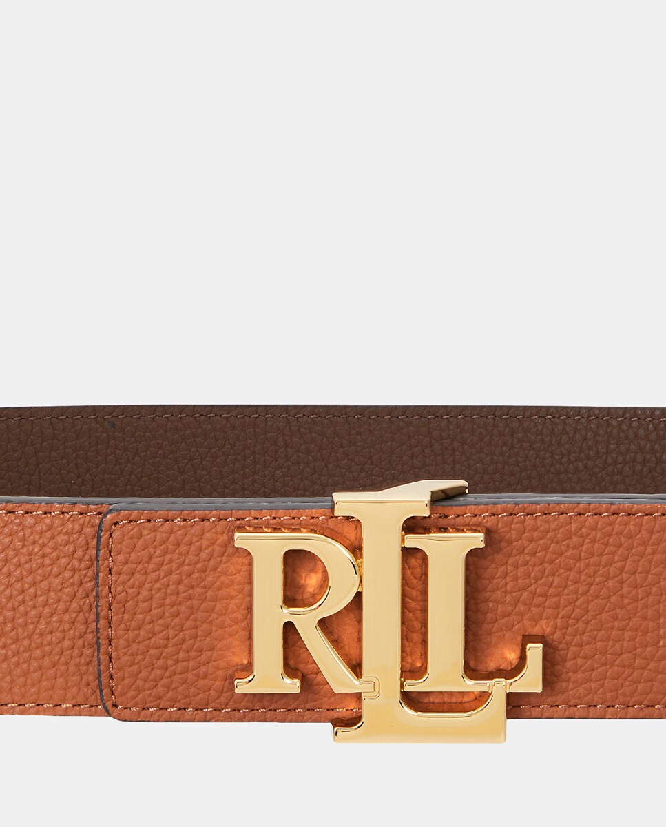 Cinto Reversível Largo em Pele com Fivela Dourada Castanho-2